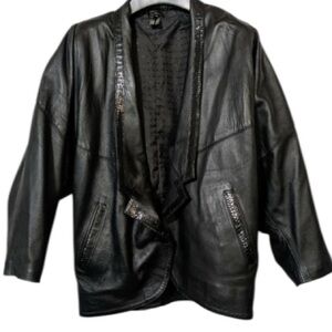 Vintage 80s Snakeskin Batwing Black Leather Jacket Made In Turkey Sz Small Women